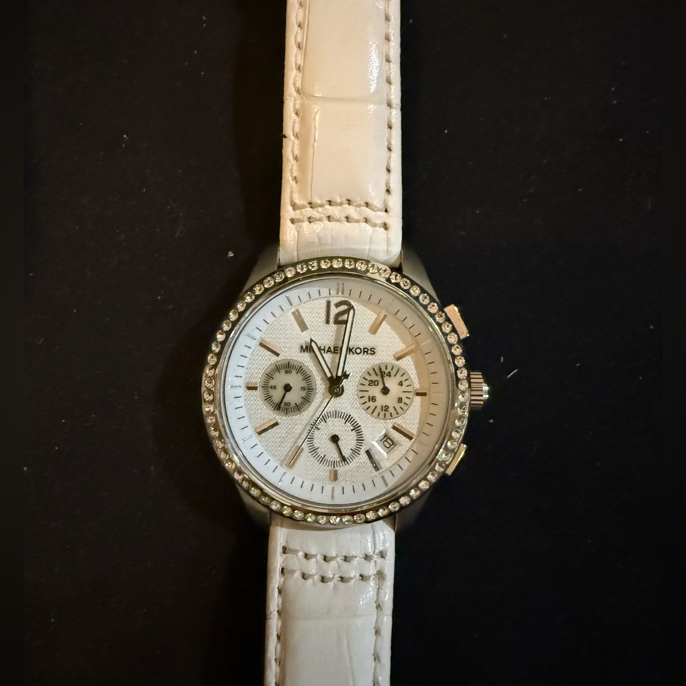 Michael Kors Stainless Steel with crystals and White Leather Women's Watch